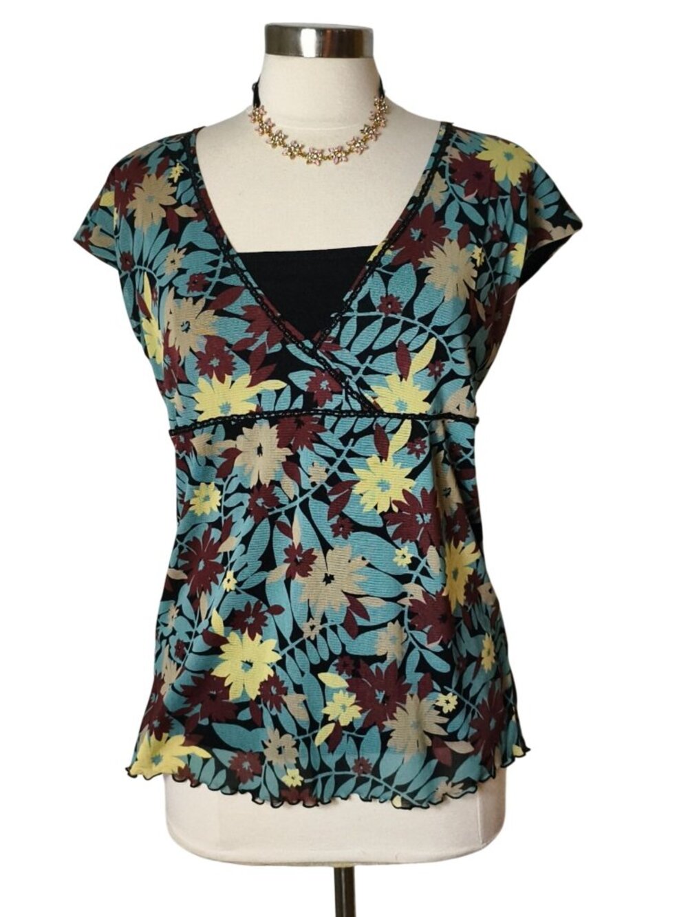Vtg Womens M Y2K Babydoll Wrap Blouse Floral Sheer Fairy Boho Cottagecore Casual